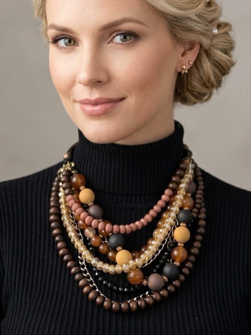 Multi Strands Faceted Onyx Austrian Crystal Coral Wood Resin Steel Necklace